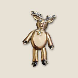 Vintage Reindeer Brooch With Rhinestone Eyes & Belly